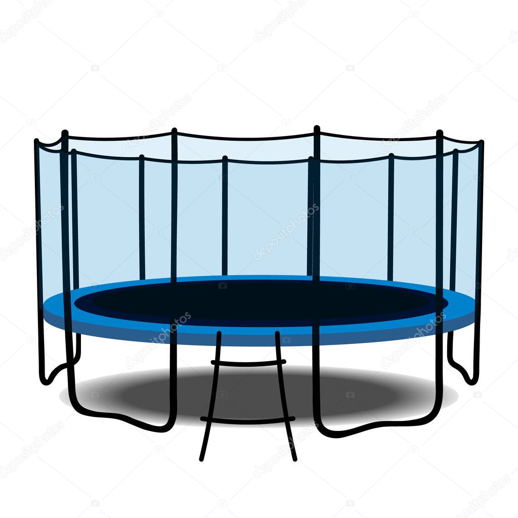Jumping trampoline vector realistic icon. Indoor or outdoor fitness jumping. Closed trampoline for games and entertainments in flat style. Isolated on white safe trampoline with net.