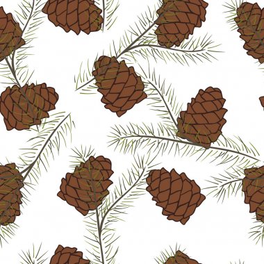 Vektör seamless modeli ile çam kozalakları ile çırpı. Köknar ağacı dalları dekorasyon üzerine beyaz izole. Köknar desen. Gerçekçi dekoratif arka plan yazdırma, doku, Paketleyici. Doğal oyma. 