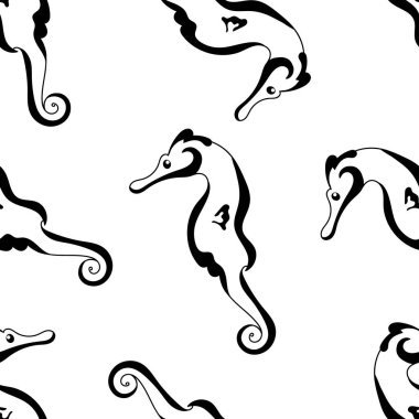 Denizatı siluet sorunsuz vektör desen beyaz arka plan üzerinde izole. Doku kumaş ya da kağıt ve web tasarım arka planda baskı almak için. Arka plan dekor için deniz atı sanat tasarlamak. 