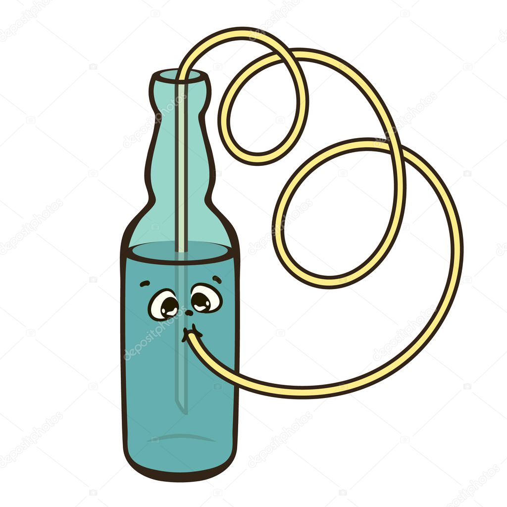 Cute cartoon bottle with tubule isolated on white. Bottle drinks water. Funny comic emotional character. Bottle drinking itself. Self-drinking. Thirst relief. Strong thirst. Water circulation print.