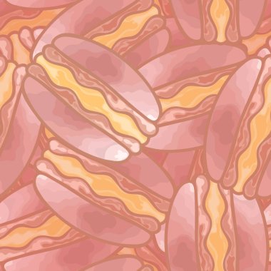 Pembe acıbadem kurabiyesi tatlı vektör seamless modeli. Düz tarzı çok katmanlı modeli tekrarlamak. Macaron kafe, şekerlemeler veya menü tasarımı için yazdırma. Tatlı Konfeksiyon. Pastel renklerde retro tarzı.