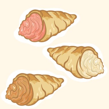 Renkli pasta tatlı vektör görüntüsü üzerinde beyaz izole. Tatlı sembolü, kafe, şekerlemeler için amblemi. Kek krem doldurma ile. Kremalı rulo pasta. Lapa lapa pasta. Pasta krema ile doldurulmuş tüp.