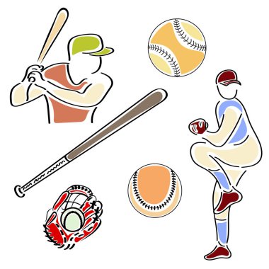 Beyzbol oyuncusu topa vur. Spor malzemeleri en az lineer tarzda beyaz izole beyzbol için ayarla. Simge veya spor kulübü, stadyum, spor salonu için logo. Beyzbol oyuncusu, yarasa ve eldiven işareti.