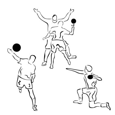 Hentbol vektör görüntü. Beyaz arka plan üzerinde izole topu hentbol oyuncusu. Minimalist siyah işareti ayarlayın. Amblem veya logo Stadyumu, spor salonu, yarışma için. Gerçekçi minyatür.