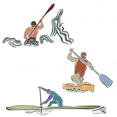 Kano kürek vektör görüntü, beyaz arka plan üzerinde izole. Kürek takımı işareti. Kürekler ile kürek amblemi. Kürekçi siluet. Kürekçiler farklı teknelerle kümesi. Rover rekabet en az lineer tarzda