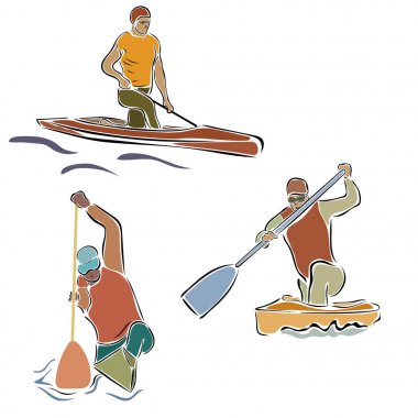 Kano kürek vektör görüntü, beyaz arka plan üzerinde izole. Kürek takımı işareti. Kürekler ile kürek amblemi. Kürekçi siluet. Kürekçiler farklı teknelerle kümesi. Rover rekabet en az lineer tarzda.