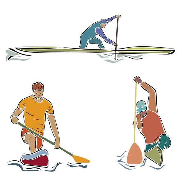 Canoe rowing vector image isolated on white background. Rowing team sign. Emblem of rowing with paddles. Rower silhouette. Set of oarsmen by different boats. Rover competition in minimal linear style