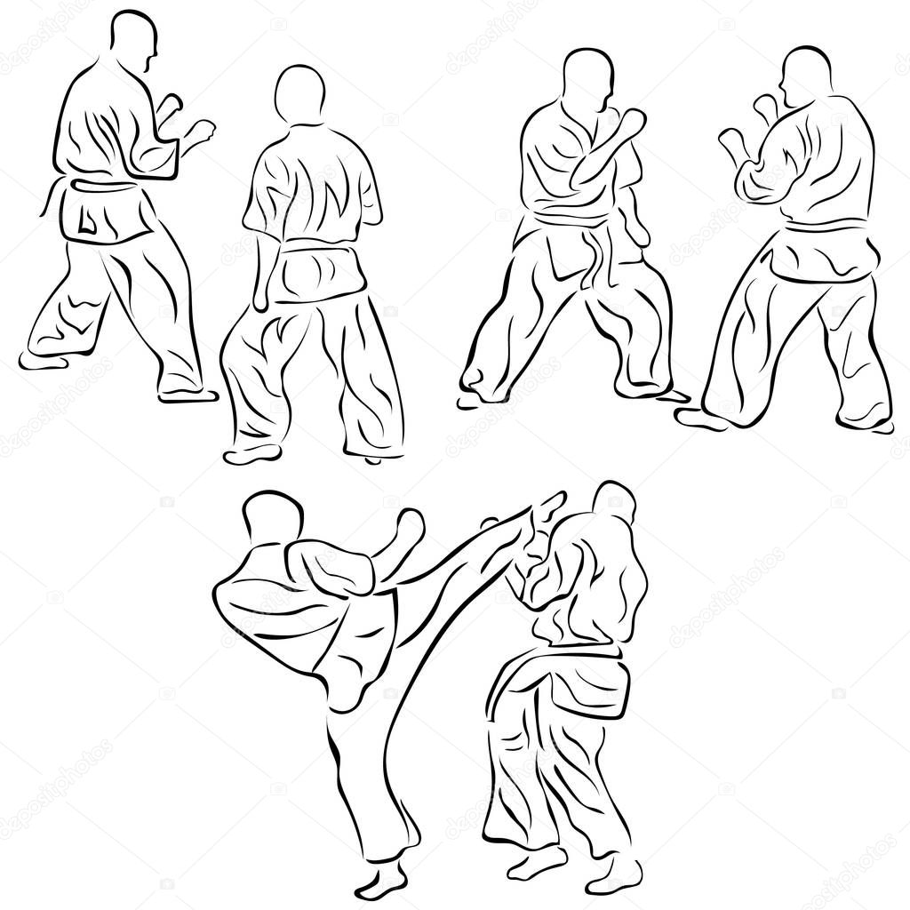 Asian martial arts vector image isolated on white background. Minimalistic black sign set for karate, wushu, aikido. Fight technique realistic silhouettes for logo, icon or turnover.