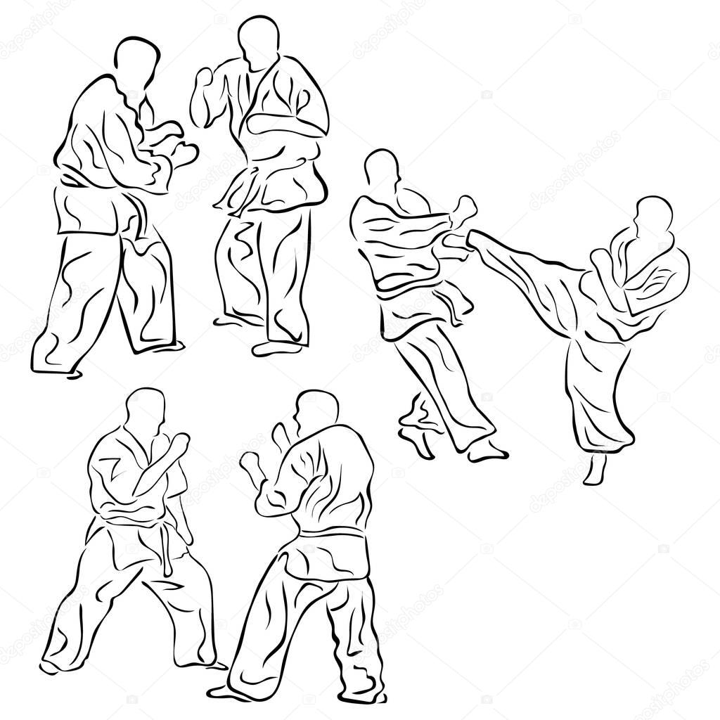 Asian martial arts vector image isolated on white background. Minimalistic black sign set for karate, wushu, aikido. Fight technique realistic silhouettes for logo, icon or turnover.