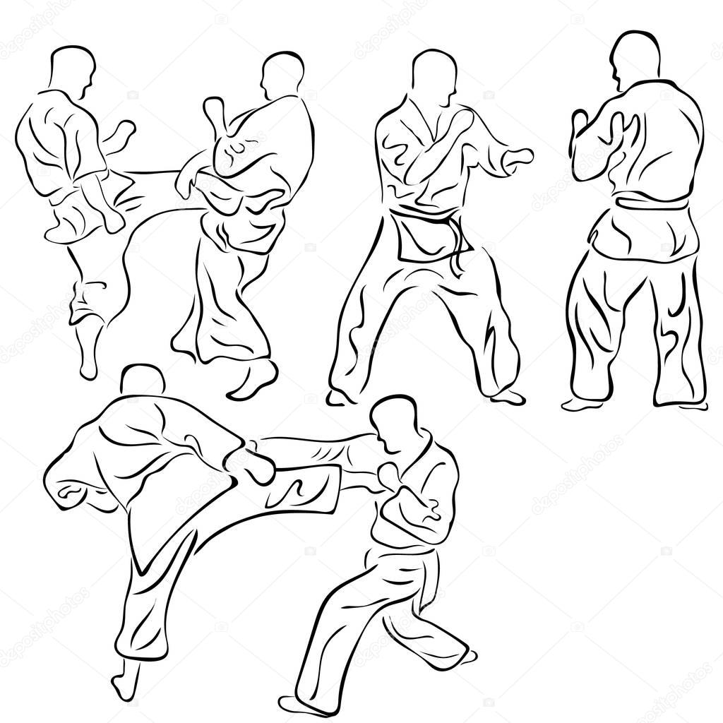 Asian martial arts vector image isolated on white background. Minimalistic black sign set for karate, wushu, aikido. Fight technique realistic silhouettes for logo, icon or turnover.