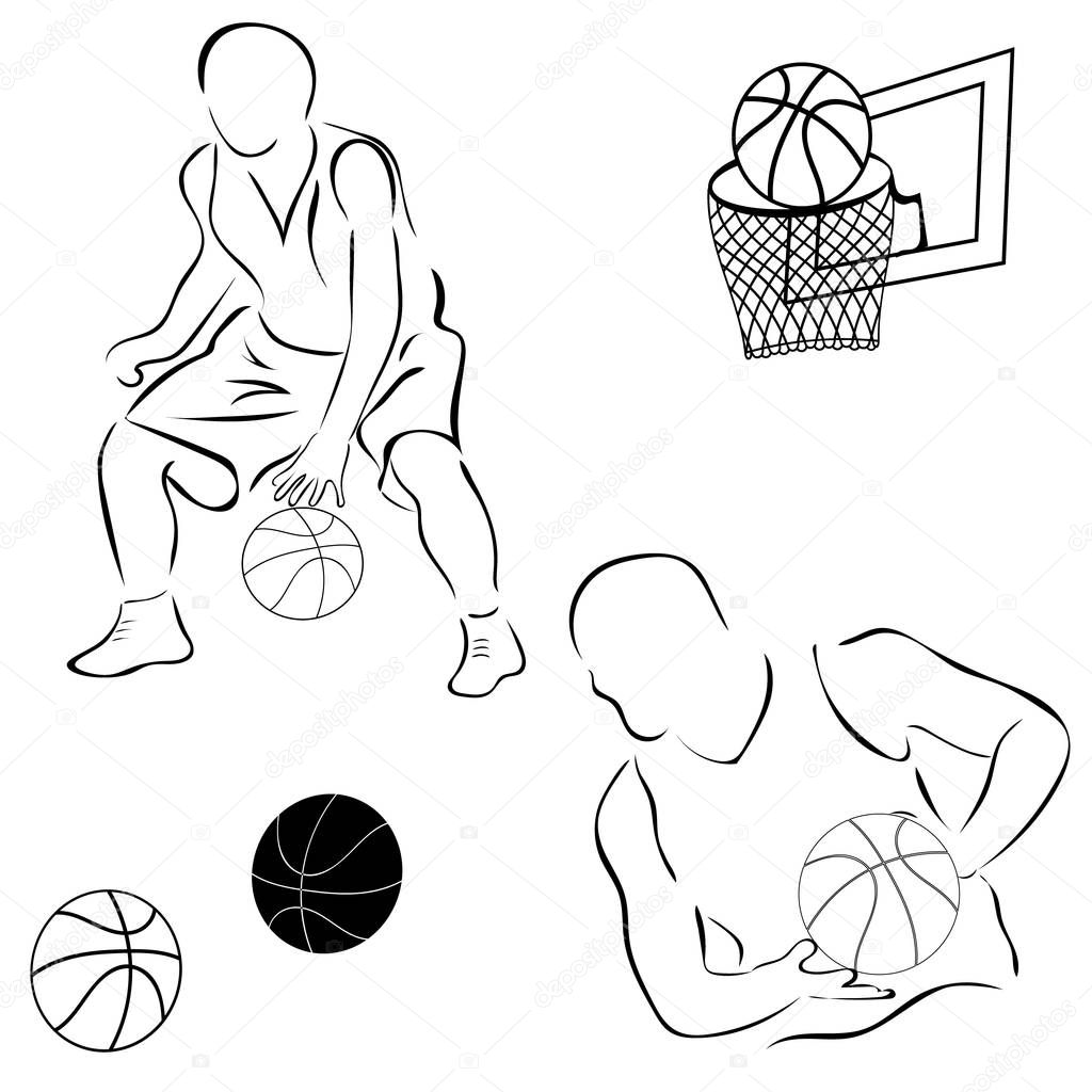 Basketball vector image. Basket, player, ball isolated on white background. Set minimalistic black sign.  Emblem or logo for stadium, sports shop, competition. Hoops realistic miniatures