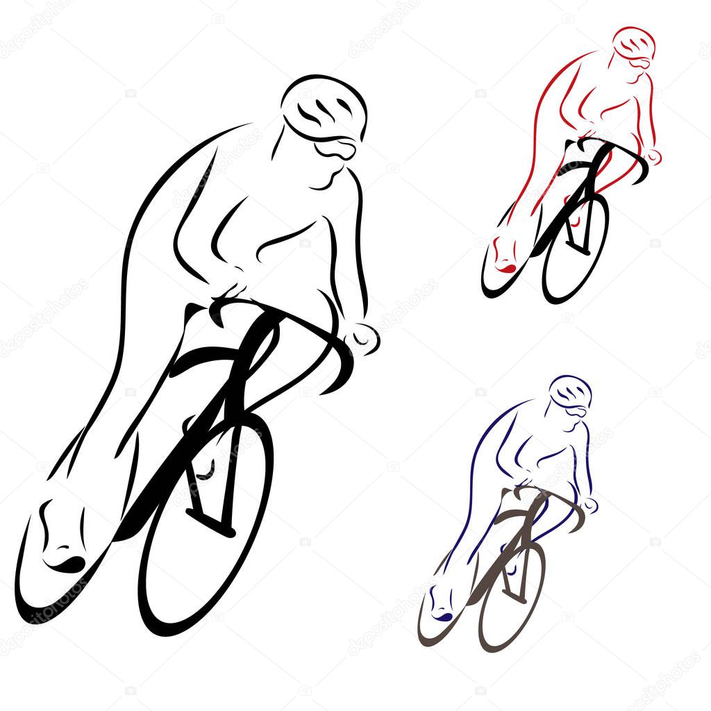 Cycling race stylized symbol, outlined cyclist vector silhouettes. Cyclist images in minimal linear style isolated on white. Emblem for stadium, track, sports shop, sport school, competitions.