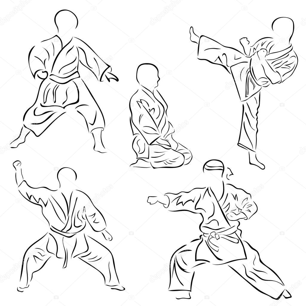 Asian martial arts vector image isolated on white background. Minimalistic black sign set for karate, wushu, aikido. Fight technique realistic silhouettes for logo, icon or turnover.