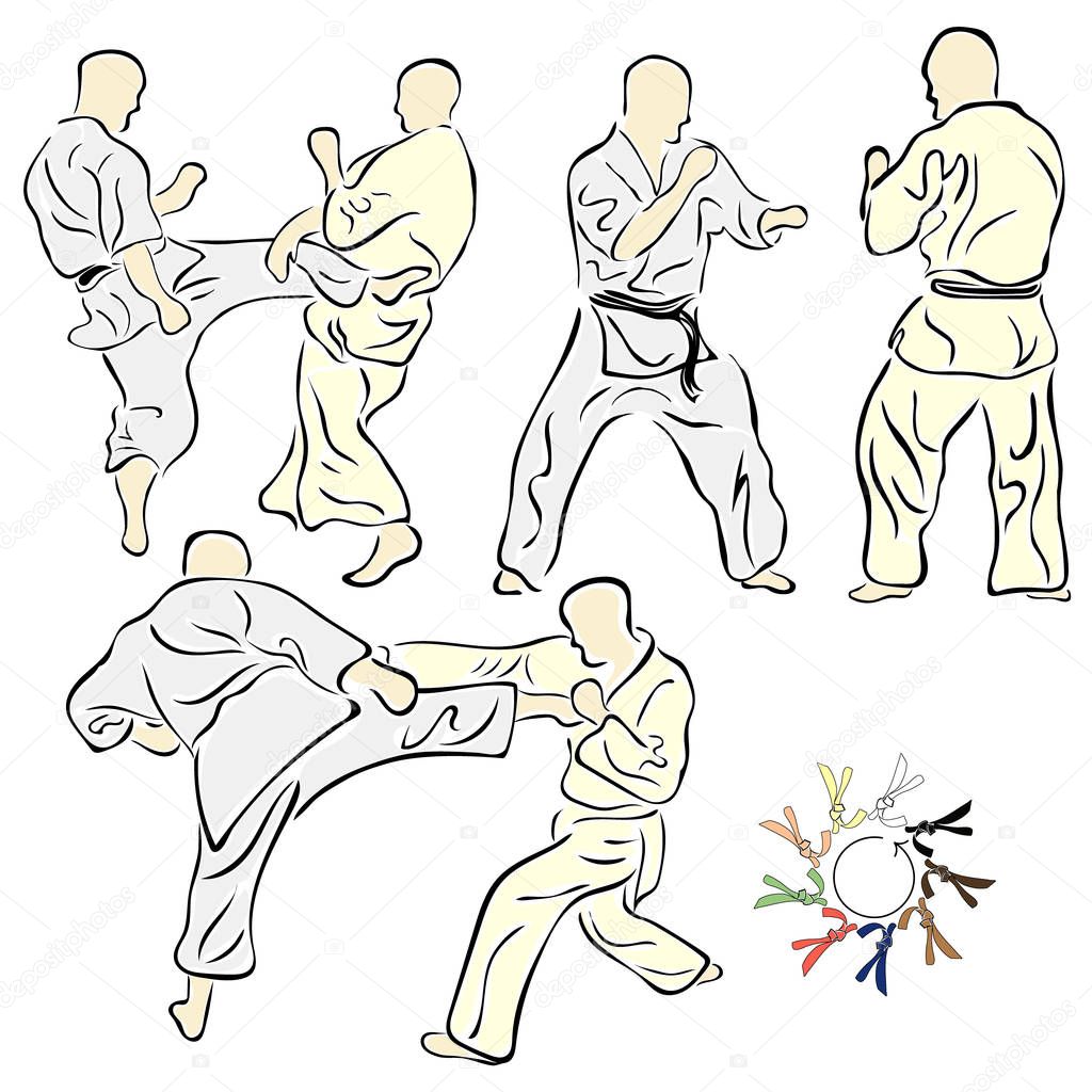 Asian martial arts vector image isolated on white background. Minimalistic black sign set for karate, wushu, aikido. Fight technique realistic silhouettes for logo, icon or web apps. Steps of belts.