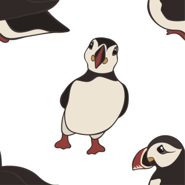 Vektör elle çizilmiş Atlantik puffins beyaz arka plan üzerinde izole ile seamless modeli. Komik martı karakteri, güzel tasarım öğeleri. Sevimli çizgi İzlanda martı kuşu. Tasarımı için yazdırma veya web.