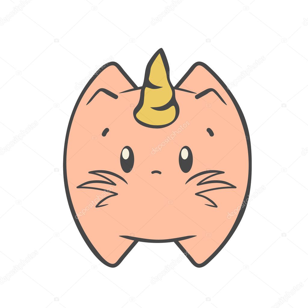 Cute cat-unicorn isolated on white background. Caticorn cartoon vector image, flat style. Cat with unicorn horn. Fat amusing kitten front view, children's image. Funny magic fantasy animal, Kitty icon.