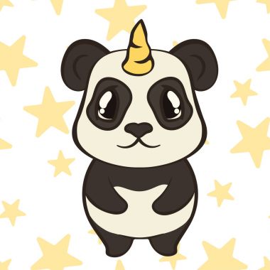 Sevimli panda ayısı karakteri ile izole tek boynuzlu at boynuz. Panda-unicorn karikatür tarzı, düz tasarım vektör Illustrator. Bearcat stand Önden Görünüm. Komik sihirli fantezi hayvan çocuklar için. Pandacorn.
