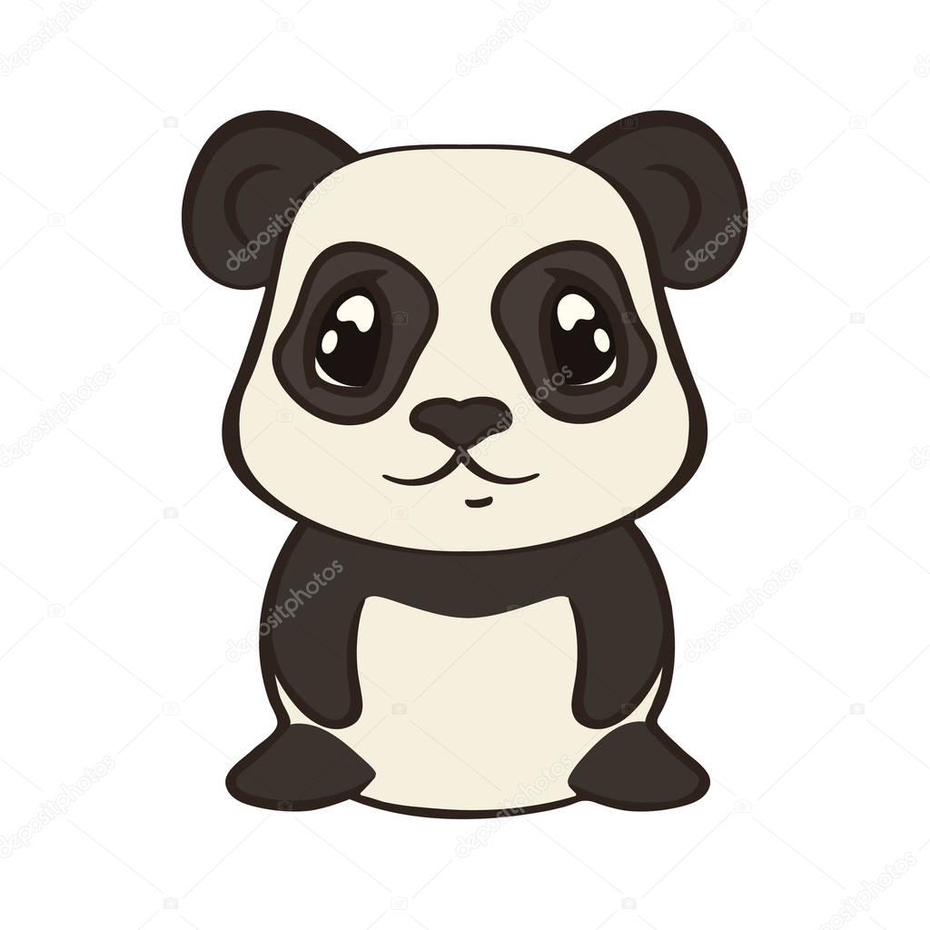 Cute panda bear character in cartoon style isolated on white background. Panda with big expressive eyes. Flat design vector illustrator. Bearcat sits, front view. Lovely muzzle, design for children.