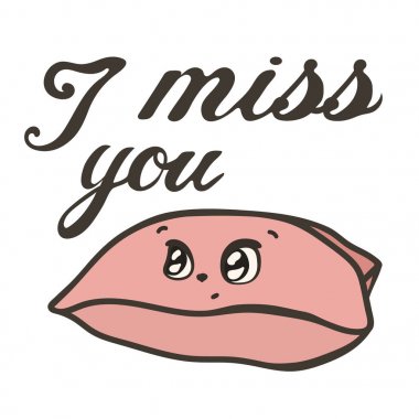 Yastık üzerinde beyaz izole vektör görüntü seni özlüyor. Yastık sevimli yüz ve anlamlı gözler, çizgi film karakteri. Calligraphical yazıt, dekoratif metin 