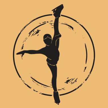 Artistik patinajcı silueti, siluet vektör, eski usul, köhne amblem tasarımı. Artistik patinaj logosu posta pulu el işi kağıdına izole edilmiş. Klasik grunge işareti. Kış sporu fok taklidi.