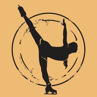 Artistik patinajcı silueti, siluet vektör, eski usul, köhne amblem tasarımı. Artistik patinaj logosu posta pulu el işi kağıdına izole edilmiş. Klasik grunge işareti. Kış sporu fok taklidi.