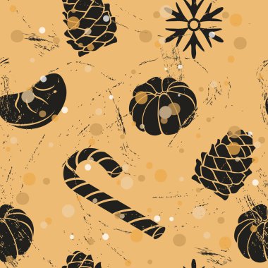 Geleneksel yemek ve Noel ve Yeni Yıl özelliklerine sahip klasik kusursuz desenler: mandalina, koni, şeker kamışı ve kar tanesi. Eski moda grunge tasarım kağıt taklidinde tekrarlanan desen.