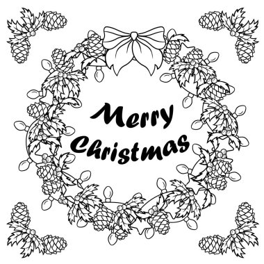 Çam kozalaklı Noel çelengi deseni, soğanlı çelenk, yıldızlar ve yay. Siyah beyaz çizim. Meditasyon ve rahatlama için yetişkinler için boyama kitabı sayfaları. Tatil kavramı.
