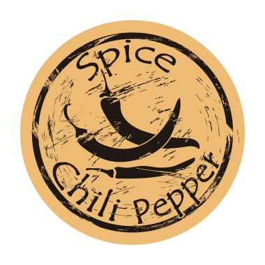 Chili biberi ikon vektör yuvarlak eski moda amblem tasarımı. Yemek logosu için baharat malzemesi. El işi kağıdında posta pulu. Mutfak malzemeleri, klasik grunge işareti. Tam biber kabuğu. Baharatlı yemek..