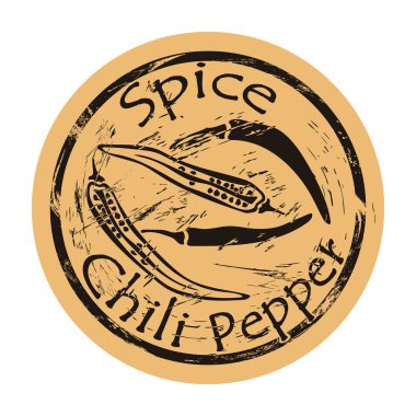 Chili biberi ikon vektör yuvarlak eski moda amblem tasarımı. Yemek logosu için baharat malzemesi. El işi kağıdında posta pulu. Mutfak malzemeleri, klasik grunge işareti. Doğranmış biber kabuğu. Baharatlı yemek..