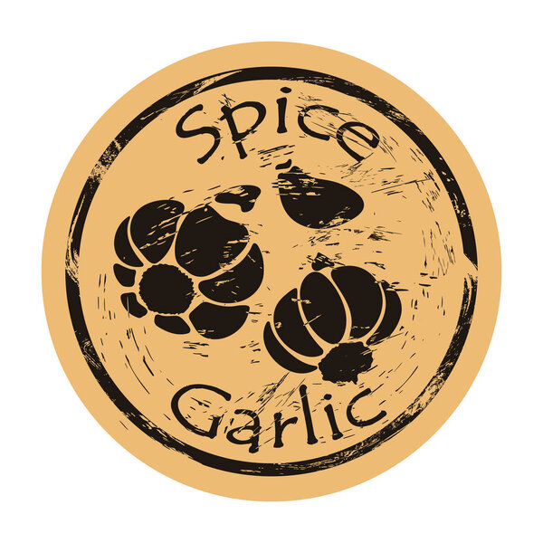 Чеснок специи зрения иконка вектор круглой потрепанной эмблемы дизайн, старый стиль ретро. Горячая марка логотипа острого ингредиента на бумаге. Приготовление ингредиента винтажный гранж знак. Бородавка, зубчик чеснока
.