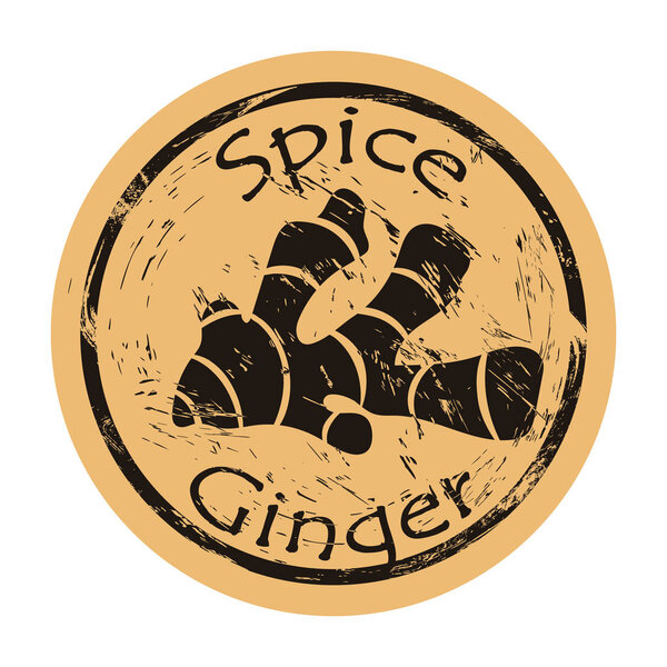 Имбирь специи зрения иконка вектор круглой потрепанной эмблемы дизайн, старый стиль ретро. Имбирный корень пряный ингредиент логотип почтовый штамп на бумаге. Винтажный гранж-знак приготовления ингредиента
.