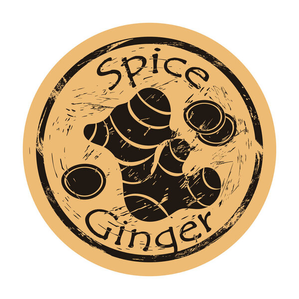 Имбирь специи зрения иконка вектор круглой потрепанной эмблемы дизайн, старый стиль ретро. Имбирный корень пряный ингредиент логотип почтовый штамп на бумаге. Винтажный гранж-знак приготовления ингредиента
.