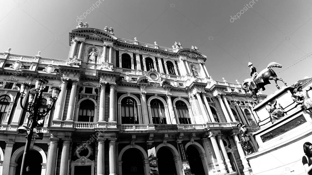 Torino, Italy - 10/24/2019: An amazing caption of Turin city in a beautifull sunny day. Detailed photography of the old buildings in the center of the city from the kingdom period in Italy.