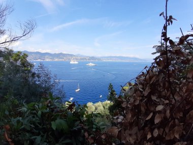 Liguria, İtalya ve Avrupa 'da büyük dalgaların kıyıya vurduğu yakın çekim. Denizin beyaz dalgaları kayalıklarda kopuyor.