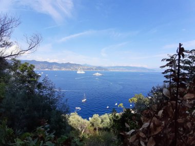 Liguria, İtalya ve Avrupa 'da büyük dalgaların kıyıya vurduğu yakın çekim. Denizin beyaz dalgaları kayalıklarda kopuyor.