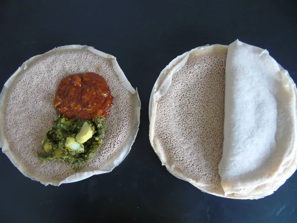 Asmara Eritreia 2020 Comida Etíope Eritreu Variedade Pratos Principais Injera — Fotografia de Stock