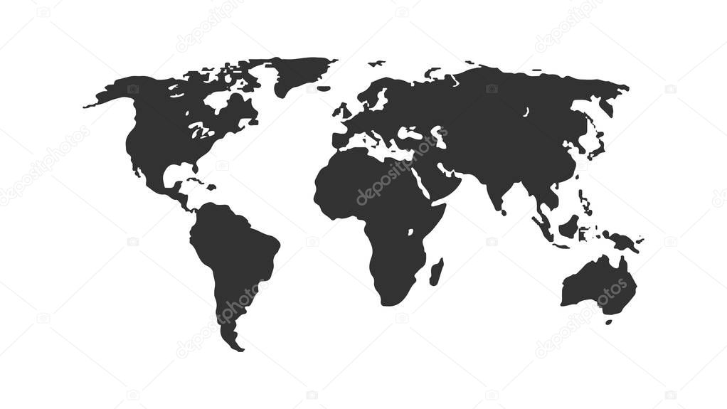 Black color world map isolated on white background. Abstract flat template with world map for web design, brochure, flyer, annual report, banner, infographic.  Global concept, vector illustration.