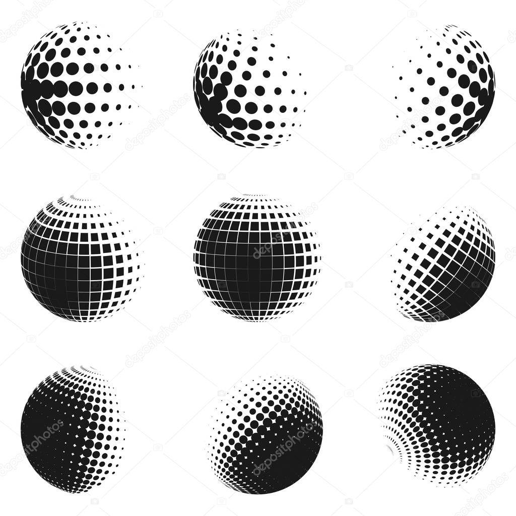 Set of minimalistic shapes. Halftone black color spheres isolated on white background. Stylish vector emblems. Vector spheres with dots, squares, rectangles for web designs. Simple signs collection