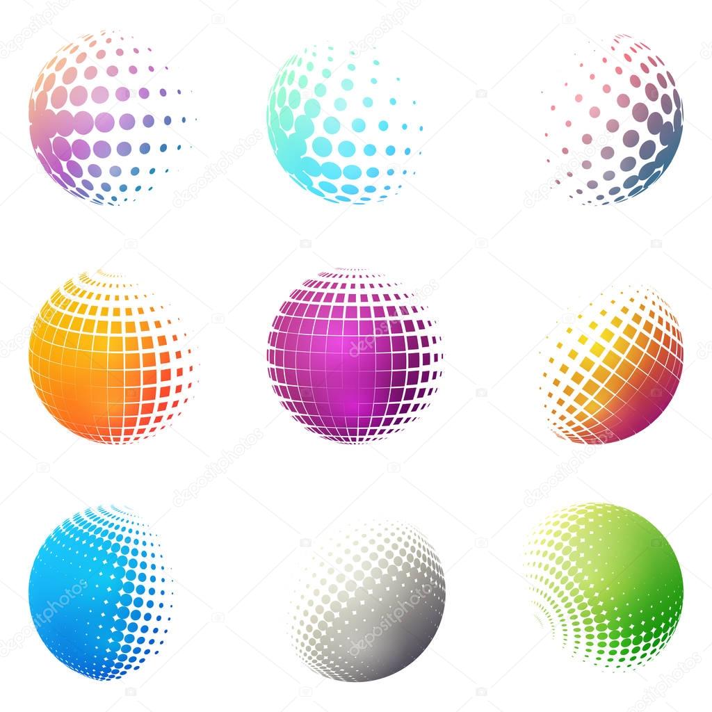 Set of minimalistic shapes. Halftone bright color spheres isolated on white background. Stylish emblems. Vector spheres with dots, squares, rectangles for web designs. Simple signs collection