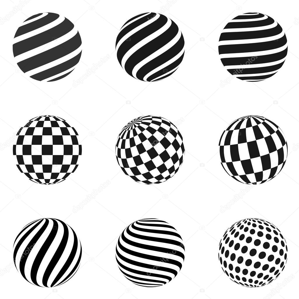 Set of minimalistic shapes. Halftone black color spheres isolated on white background. Stylish emblems. Vector spheres with stripes, dots, squares, rectangles for web designs. Simple signs collection.