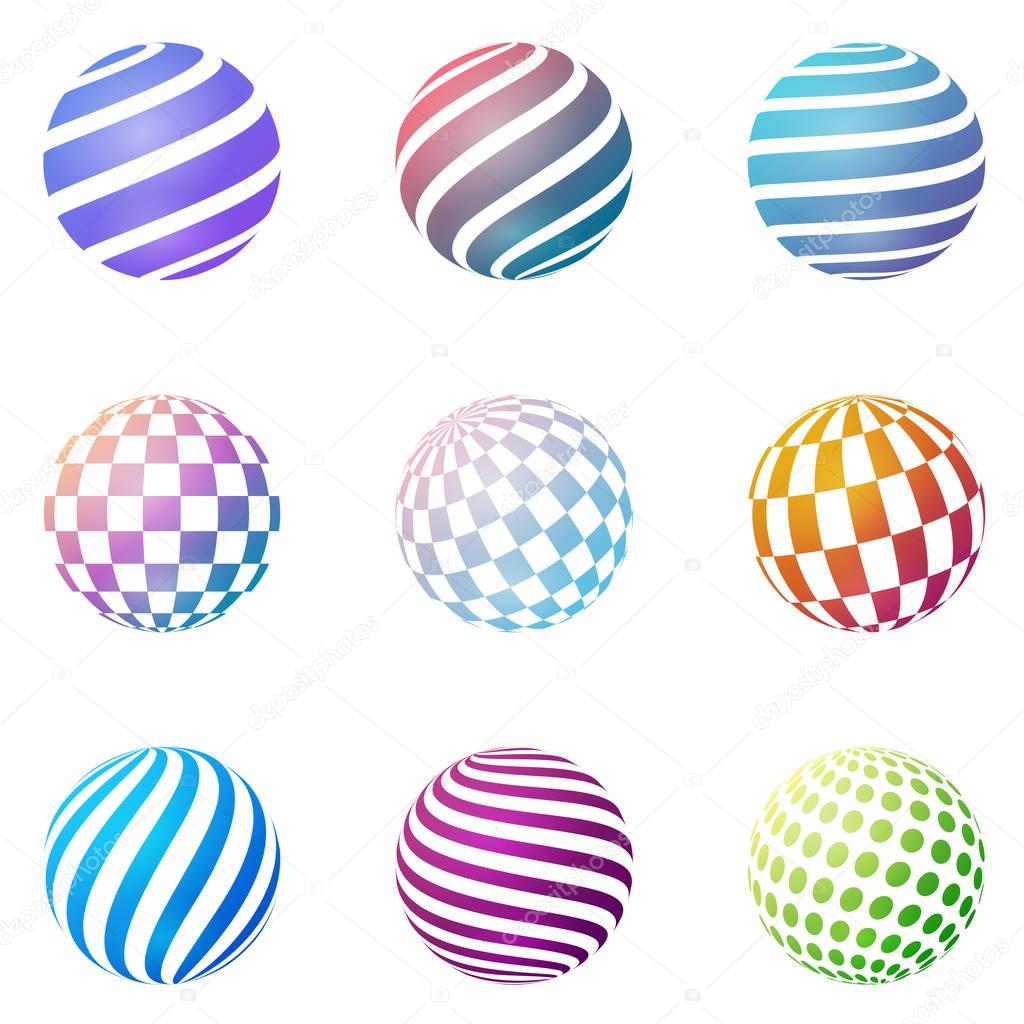 Set of minimalistic shapes. Halftone bright color spheres isolated on white background. Stylish emblems. Vector spheres with dots, stripes, dots, rectangles for web designs. Simple signs collection