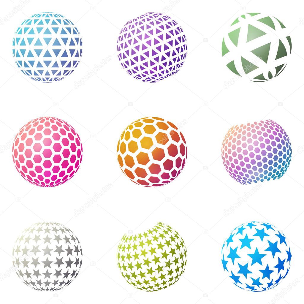 Set of minimalistic shapes. Halftone bright color spheres isolated on white background. Stylish emblems. Vector spheres with triangles, hexagons, stars for web designs. Simple signs collection