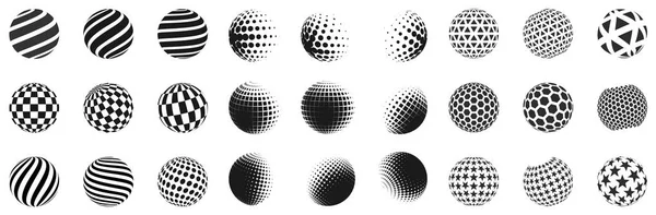 Set van minimalistische vormen. Halftone zwarte kleur bollen geïsoleerd op een witte achtergrond. Stijlvolle emblemen. Vector bollen met stippen, strepen, driehoeken, zeshoeken voor web ontwerpen. Eenvoudige tekenen collectie. — Stockvector