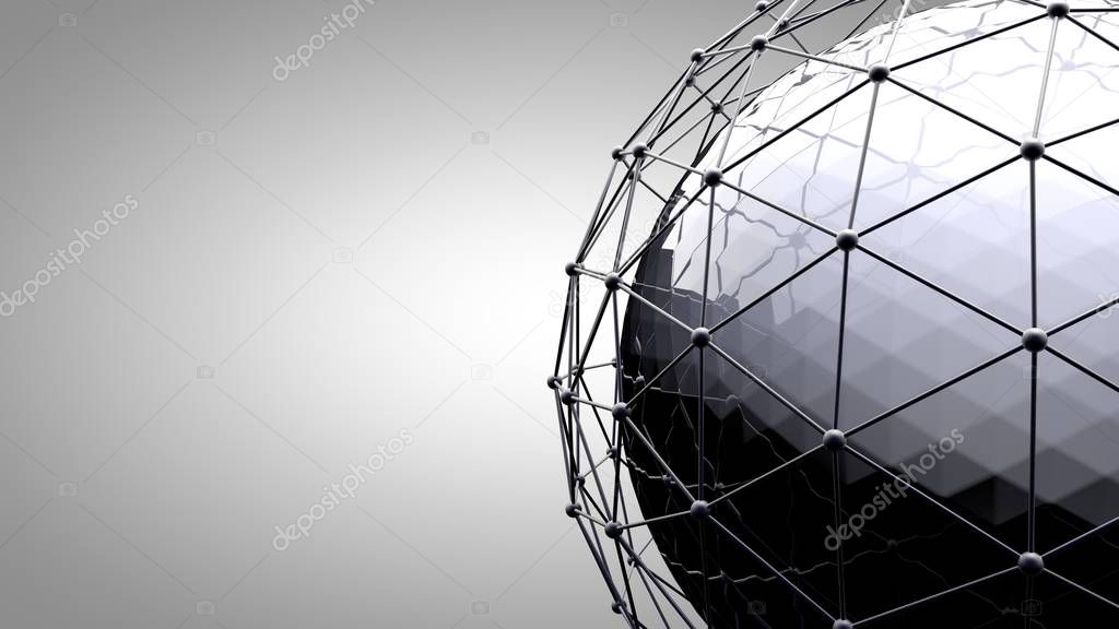Wireframe connecting sphere. Connection lines around earth globe. The concept of social network, globe connection. Global International connectivity Background. Abstract 3d rendering illustration.