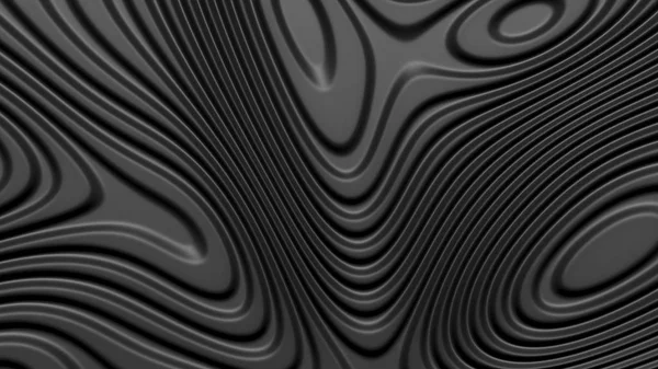 流れるようなラインでスタイリッシュな黒の色付きの背景。地形図の等高線の背景を抽象化します。ブラック ストライプ パターンの背景。スムーズに照らされたプラスチック テクスチャ、3 d レンダリング図. — ストック写真