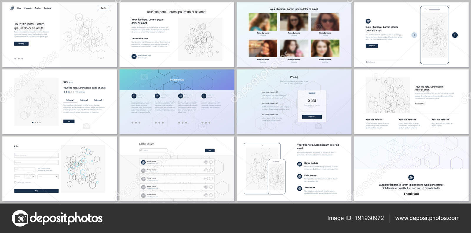 웹사이트 디자인, 최소한의 프레 젠 테이 션, 포트폴리오에 대 한 서식 파일이 벡터. Ui, Ux의 Gui 헤더, 대시보드, 연락처  양식, 기능, 가격, 전자-상거래 페이지, 블로그 등의 디자인. 소셜 네트워크 개념 스톡 벡터 - ©