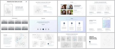 En az sunular, Portföy şablonlar. Mavi renk öğeleri üzerinde beyaz. Broşür kapak vektör tasarımı. Sunu slaytları el ilanı, broşür, broşür, rapor, pazarlama için. Sosyal ağ kavramı