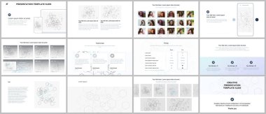 En az sunular, Portföy şablonlar. Mavi renk öğeleri üzerinde beyaz. Broşür kapak vektör tasarımı. Sunu slaytları el ilanı, broşür, broşür, rapor, pazarlama için. Sosyal ağ kavramı