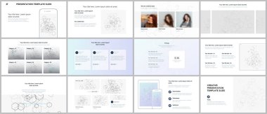 En az sunular, Portföy şablonlar. Mavi renk öğeleri üzerinde beyaz. Broşür kapak vektör tasarımı. Sunu slaytları el ilanı, broşür, broşür, rapor, pazarlama için. Sosyal ağ kavramı.