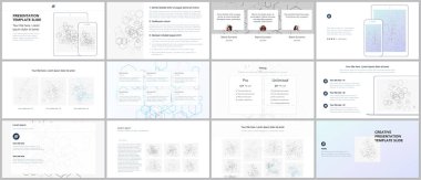 En az sunular, Portföy şablonlar. Mavi renk öğeleri üzerinde beyaz. Broşür kapak vektör tasarımı. Sunu slaytları el ilanı, broşür, broşür, rapor, pazarlama için. Sosyal ağ kavramı.